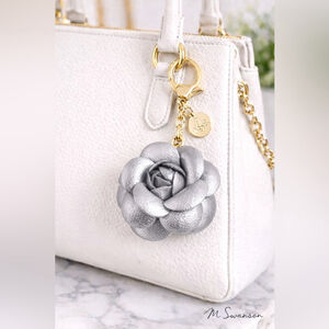 NEW Camellia Rose Bag Charm Keychain | Silver Vegan Leather Floral Charm